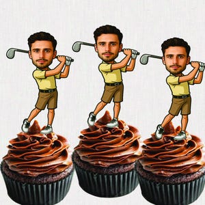 Photo Golf Custom CupCake Toppers,  Personalised Golfer glitter cupcake topper, Happy Birthday topper , 18th, 21st, 30th, 40th,50th,60th.70