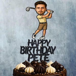 Photo Golf Custom Cake Topper,  Personalised Golfer glitter cake topper, Happy Birthday topper , 18th, 21st, 30th, 40th,50th,60th.70th