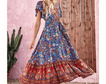 Abito floreale Boho, Stile etnico terrestre, Abito modesto, Abito Boho Midi, Abito ampio, Abito casual ampio, Abito Boho per le vacanze