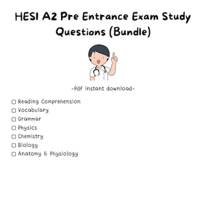 May include: A cartoon illustration of a doctor pointing upwards with the text "HESI A2 Pre Entrance Exam Study Questions (Bundle)" and "Pdf instant download" below the image. The text list includes: Reading Comprehension, Vocabulary, Grammar, Physics, Chemistry, Biology, Anatomy & Physiology.