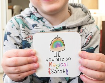 You Are Magical Coaster – Personalised Rainbow Coaster – Positive Affirmation Gift – Colourful Wooden Coaster – Cute Rainbow Character Decor