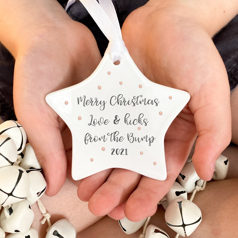 From the bump ornament. personalised tree bauble, star decoration, Pregnancy gift, Mummy to be, Daddy to be, Ceramic keepsake, Baby's first image 2