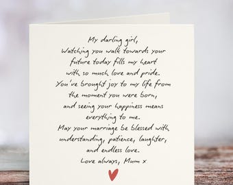 To My Daughter On Your Wedding Day Card From Mum, Daughter Wedding Card, Mother Of The Bride Card, Sentimental Wedding Card For Daughter