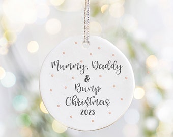 Mummy Daddy & Bump decoration, bump Christmas, personalised bauble, baby’s first Christmas, ceramic keepsake, parents to be, Pregnancy, UK