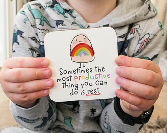 The Most Productive Thing You Can Do Is Rest Coaster – Motivational Wooden Coaster – Cute Rainbow Self Care Gift – Mental Health Desk Decor
