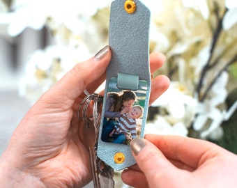 Personalised Mummy and child Keyring, Mother photo keyring, Mother's day Keychain, Message keyring, PU leather keyring, Mint green decor, uk