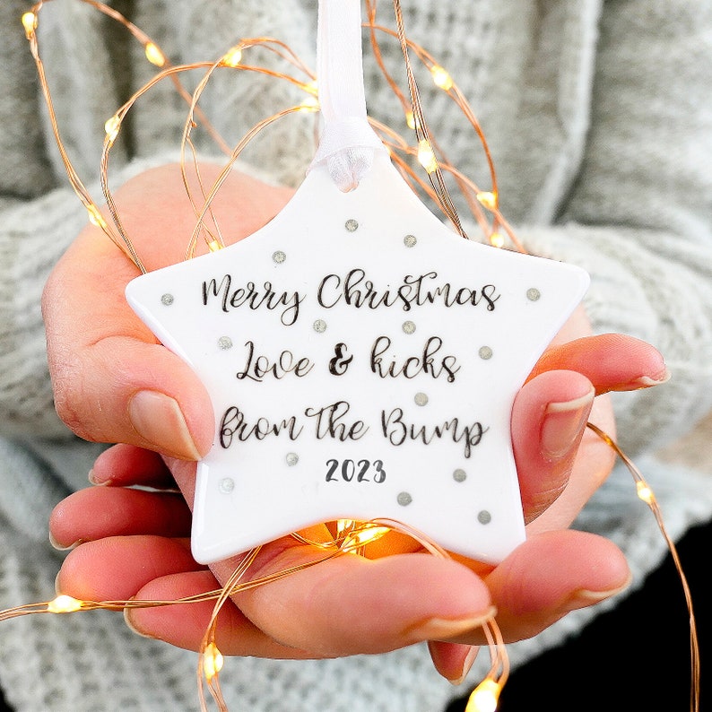 From the bump ornament. personalised tree bauble, star decoration, Pregnancy gift, Mummy to be, Daddy to be, Ceramic keepsake, Baby's first image 1