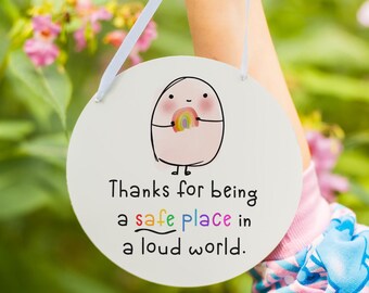 Personalised Teacher Gift Sign | Thank You For Being A Safe Place In A Loud World | SEN Staff Gift | Rainbow Hanging Sign | Classroom Gift