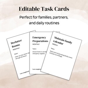 May include: Three white task cards with black text. The cards are labeled "Declutter Rooms," "Emergency Preparations," and "Maintain family calendar." The text "Editable Task Cards" and "Perfect for families, partners, and daily routines" are at the top.