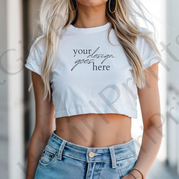 4 Cropped Tee Mockups | Baby Tee Tshirt Selfie Influencer Mockup | Trendy Fitted Crop Baby Tee Mockup | Instagram Aesthetic Mockup | White T