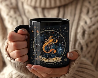 Mug signe du zodiaque Scorpion : tasse à café astrologie en céramique noire (11 oz)
