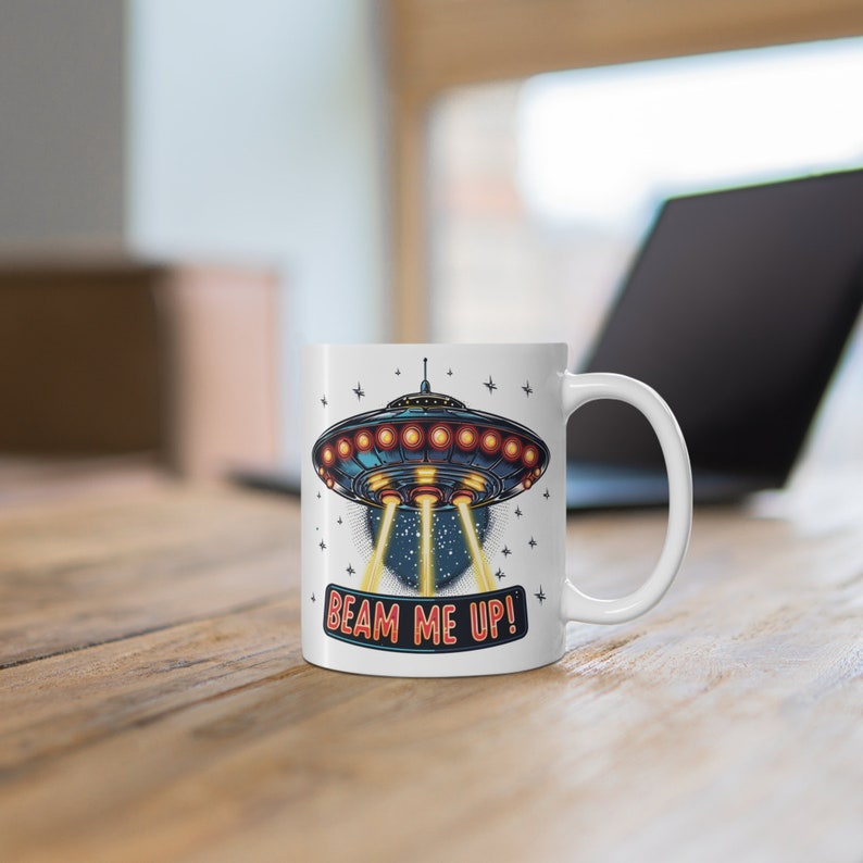UFO "Beam Me Up" Mug: Funny Alien Spaceship Coffee Cup image 5