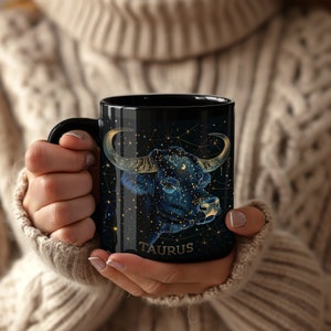 Taurus Star Sign Mug,Taurus The Bull Astrology Gift, Celestial Coffee Cup, Black Bull Tea Cup, Taurus Horoscope Gift Tea Mug Zodiac Present