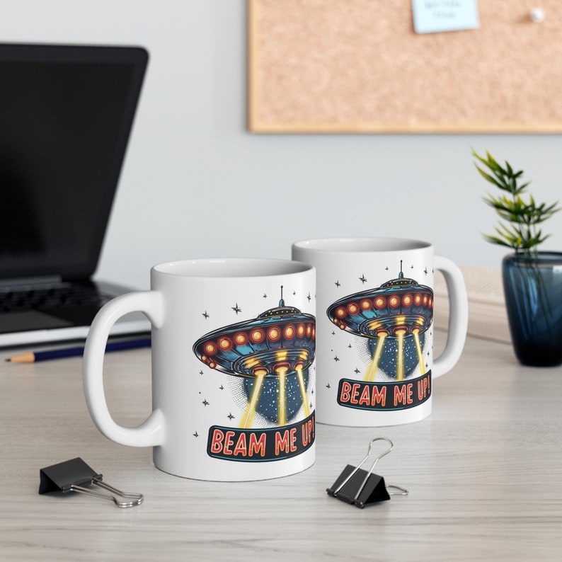 UFO "Beam Me Up" Mug: Funny Alien Spaceship Coffee Cup image 3
