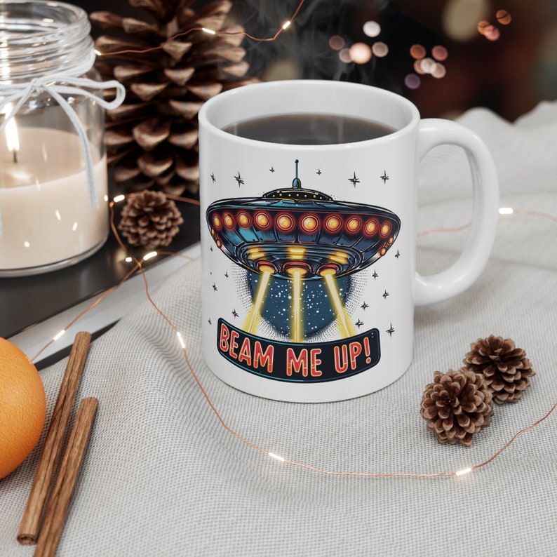 UFO "Beam Me Up" Mug: Funny Alien Spaceship Coffee Cup image 4