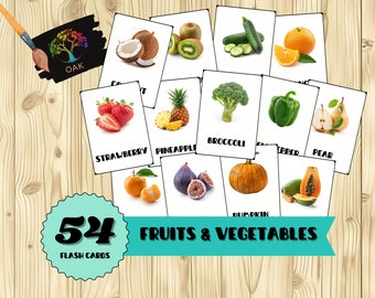 54 Tarjetas didácticas de frutas y verduras / Educación Montessori para niños / Tarjetas didácticas PDF / Tarjetas imprimibles / Educación en el hogar / Material de aprendizaje