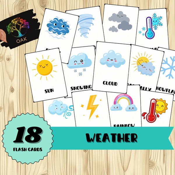 18 Weather Flashcards | Montessori Education for Kids | Flashcards PDF | Printable Cards | Home Schooling | Learning Material