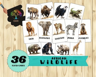 36 Tarjetas didácticas de animales salvajes africanos / Educación Montessori para niños / Tarjetas didácticas PDF / Tarjetas imprimibles / Educación en el hogar / Material de aprendizaje