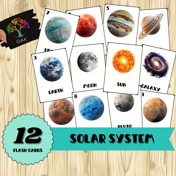 12 Solar System Flashcards | Montessori Education for Kids | Flashcards PDF | Printable Cards | Home Schooling | Learning Material