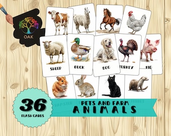 36 Tarjetas didácticas de mascotas y animales de granja / Educación Montessori para niños / Tarjetas didácticas PDF / Tarjetas imprimibles / Educación en el hogar / Material de aprendizaje