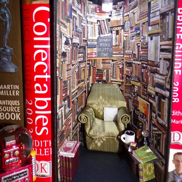 Booknook, book nook, diorama. Book alley. Cosy chair in  library. Optional cat. So many books, so little time.