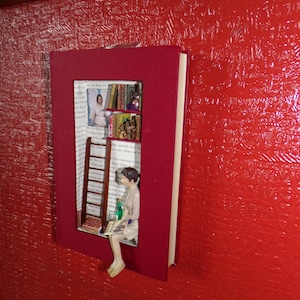 Book nook Miniature library, Woman reading,   eco friendly recycled materials, gift for book lover, wall  hanging, freestanding