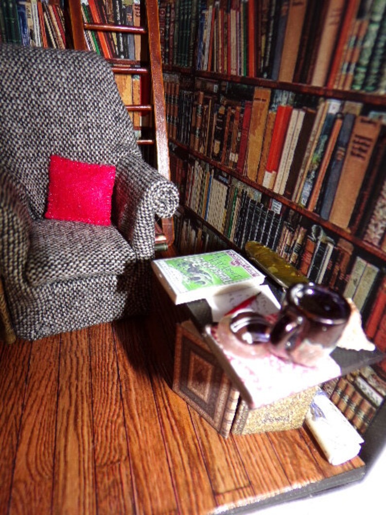 Miniature room book nook., Booknook diorama, Book alley, Book lover gift, Miniature library room, books, cosy chair, Ideal gift image 6