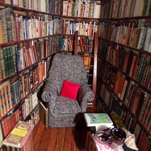 Miniature room book nook., Booknook diorama, Book alley, Book lover gift, Miniature library room, books, cosy chair, Ideal gift image 2