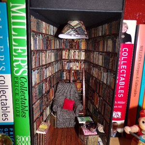 Miniature room book nook., Booknook diorama, Book alley, Book lover gift, Miniature library room, books, cosy chair, Ideal gift image 1