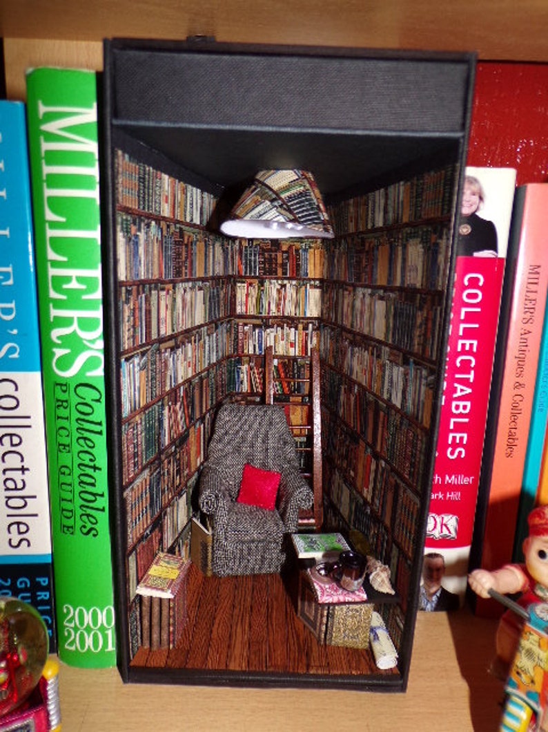 Miniature room book nook., Booknook diorama, Book alley, Book lover gift, Miniature library room, books, cosy chair, Ideal gift image 1