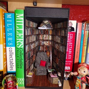 Miniature room book nook., Booknook diorama, Book alley, Book lover gift, Miniature library room, books, cosy chair, Ideal gift image 10