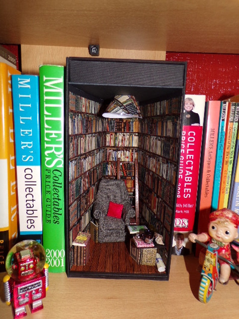 Miniature room book nook., Booknook diorama, Book alley, Book lover gift, Miniature library room, books, cosy chair, Ideal gift image 10