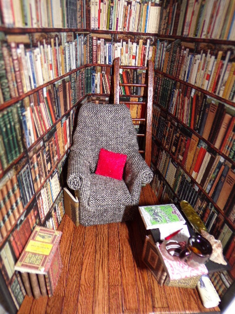 Miniature room book nook., Booknook diorama, Book alley, Book lover gift, Miniature library room, books, cosy chair, Ideal gift image 7