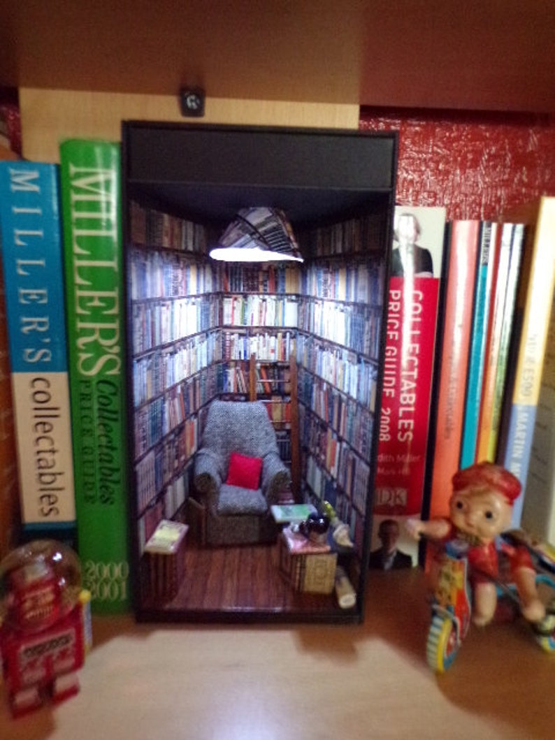 Miniature room book nook., Booknook diorama, Book alley, Book lover gift, Miniature library room, books, cosy chair, Ideal gift image 8