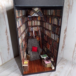 Miniature room book nook., Booknook diorama, Book alley, Book lover gift, Miniature library room, books, cosy chair, Ideal gift image 4