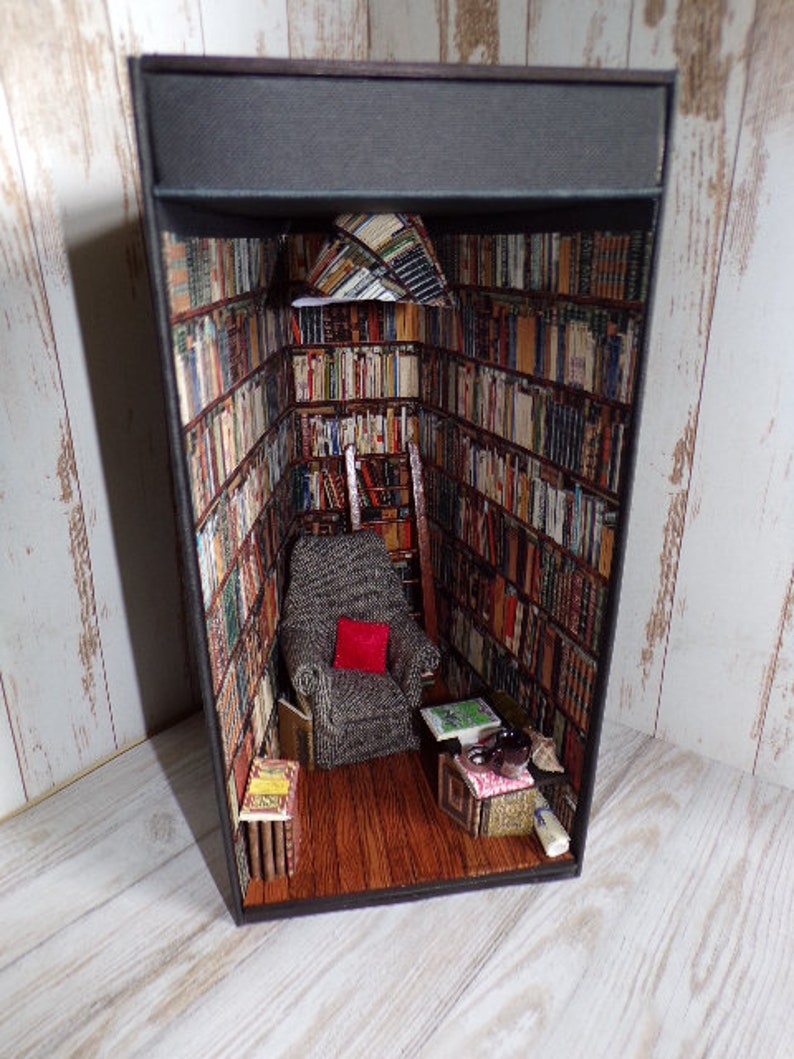 Miniature room book nook., Booknook diorama, Book alley, Book lover gift, Miniature library room, books, cosy chair, Ideal gift image 4
