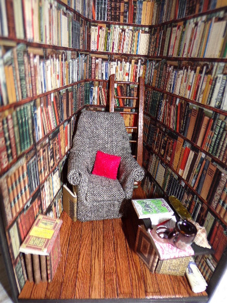 Miniature room book nook., Booknook diorama, Book alley, Book lover gift, Miniature library room, books, cosy chair, Ideal gift image 5