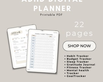 Puede incluir: Un planificador digital para personas con TDAH. El planificador tiene 22 páginas e incluye un rastreador de hábitos anual, un rastreador de presupuesto, un rastreador de sueño, un diario de gratitud, un rastreador de estado físico, un rastreador de salud mental y un rastreador de objetivos. El planificador está disponible para su compra.