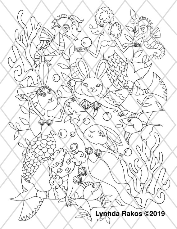 mermaid bunny printable coloringcoloring page DIY | Etsy