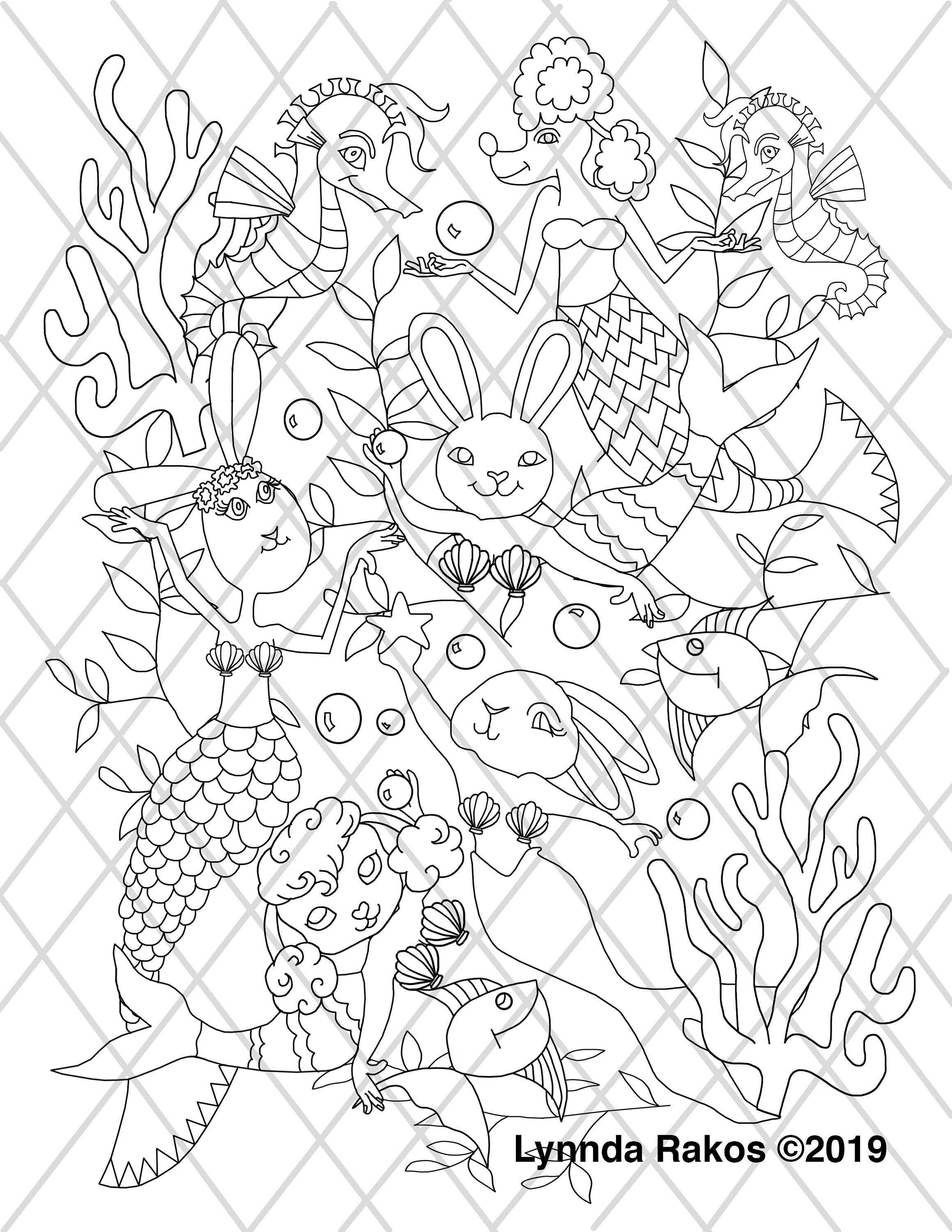 mermaid bunny printable coloringcoloring page DIY | Etsy