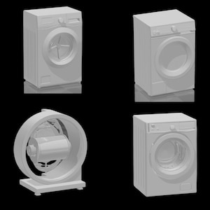 Puede incluir: Cuatro modelos 3D blancos de lavadoras se muestran sobre un fondo negro. Los modelos presentan diferentes diseños, incluyendo estilos de carga frontal y superior. La imagen destaca las características exteriores del electrodoméstico.