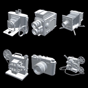 May include: A collection of six vintage cameras and projectors in a monochromatic gray color. The cameras include various styles, such as a folding camera, a twin-lens reflex camera, and a camera with a tripod. The projectors also vary in design.