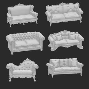 May include: A collection of six white, ornate sofas in various styles. The sofas feature detailed carvings, tufted backs, and decorative armrests. Some have cushions and pillows, showcasing a range of classic furniture designs.