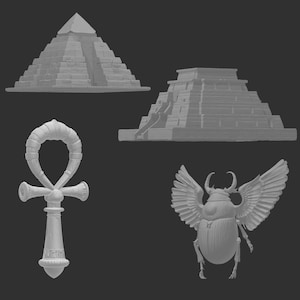 May include: A collection of ancient Egyptian-themed 3D models. The image features a pyramid, a stepped pyramid, an ankh symbol, and a scarab beetle with wings. All objects are rendered in a light gray color against a dark gray background.