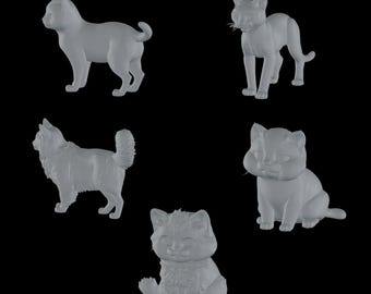 May include: Five white ceramic cat figurines in various poses. The cats are all in a standing or sitting position, with some looking to the side and others looking straight ahead.