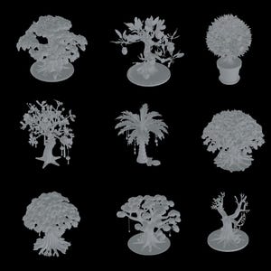 Pode incluir: Nove esculturas de árvores em miniatura em vários estilos, incluindo uma palmeira, um bonsai e uma árvore com ornamentos pendurados. Cada árvore é de cor cinza claro e assenta sobre uma base circular, sobre um fundo preto.