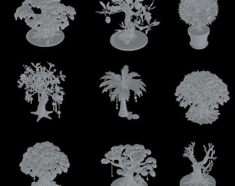 May include: Nine miniature tree sculptures in various styles, including a palm tree, a bonsai, and a tree with hanging ornaments. Each tree is a light gray color and sits on a circular base, set against a black background.