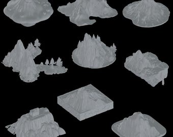May include: A set of ten gray 3D printed miniature mountains, each with a unique shape and texture. The mountains are designed for tabletop gaming or model building.