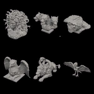 May include: A collection of gray mythical creature sculptures, including Medusa, Cerberus, a Minotaur, a griffin, a Chimera, and a Harpy. Each sculpture is detailed and stands on a small square base, perfect for fantasy enthusiasts and collectors.