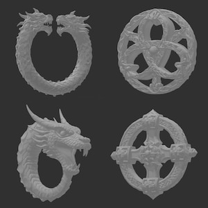 May include: Four gray, 3D-rendered dragon and Celtic knot designs. The designs include a dragon biting its tail, a circular Celtic knot, a dragon head, and a Celtic cross.